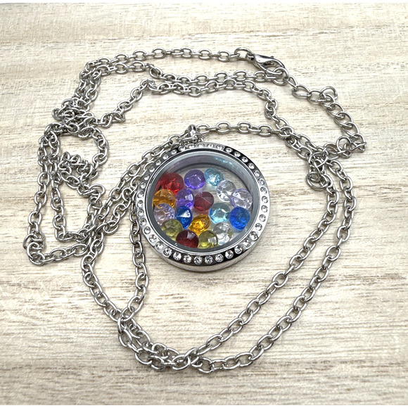 Crystal Locket Necklace 36" Multicolor Caged Crystals Silver Tone Frame READ - Picture 4 of 9